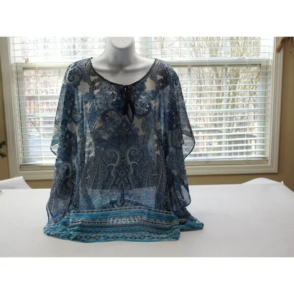 Chicos Blue Paisley Sheer Boho Blouse Size S M Tassel Tie Top Katran - Picture 9 of 11